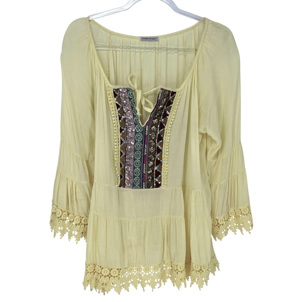 Made in Italy Butter Yellow Embroidered Sequin Lace Trim Top XL Bell Sleeve Boho